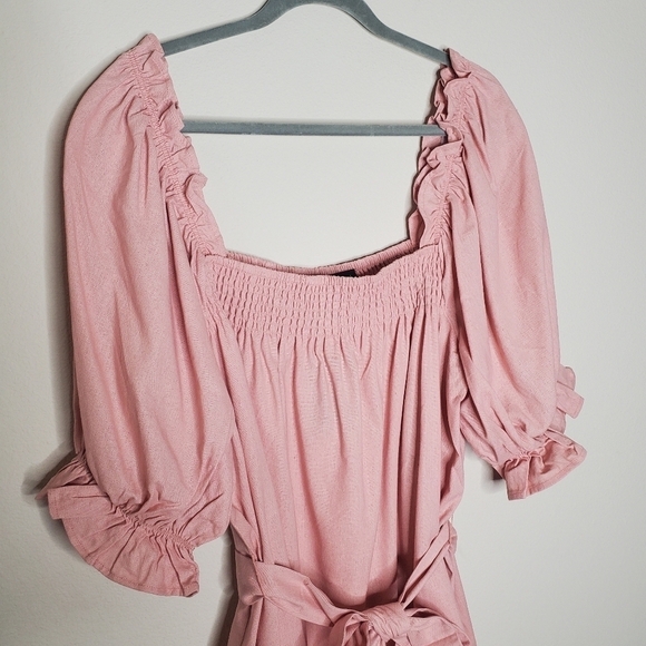 Eloquii Pink Square Neck Ruffled Smocked Front Linen Mini Day Dress - Picture 5 of 11